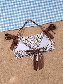 Bonvoyette Conjunto de Maiô Bikini Feminino de Duas Peças para Verão, Moda Praia Elegante Premium, Tecido de Tricô Vazado com Decoração Requintada de Estrela do Mar Metálica, Sexy, Costas Abertas, Adequado para Praia, Natação e Férias de Verão - Multicolorido - Visão 2