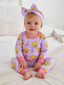 LOONEY TUNES X SHEIN Conjunto de Pijama Ajustado de Camiseta de Manga Longa e Calça com Estampa Fofa de Piu-Piu e Cereja para Menina Bebê - Roxo - Visão 1