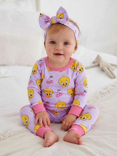 LOONEY TUNES X SHEIN Ensemble pyjama bébé fille avec t-shirt à manches longues et pantalon à imprimé Titi et cerises, coupe ajustée