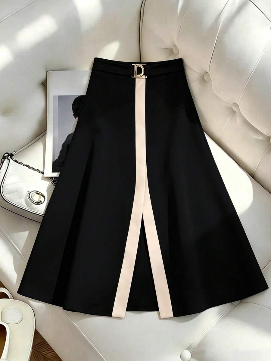 GlowEve CURVE Plus Size Women's Metal Decor Contrast Color Casual Versatile Daily Wear Skirt - Multicolor - View 1