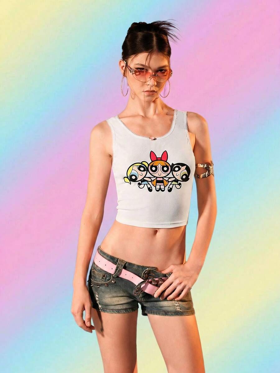 THE POWERPUFF GIRLS X SHEIN Regata recortada com estampa de desenho animado feminino, verão - Branco - Ver 1