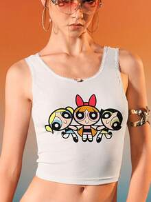 THE POWERPUFF GIRLS X SHEIN Regata recortada com estampa de desenho animado feminino, verão - Branco - Ver 2