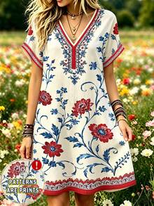 Selamara Bohemian Stil Digitaldruck V-Ausschnitt Kurzarm Top Platzierung Muster Damen Sommerurlaub Lässig Vintage V-Ausschnitt Kleid - Verschiedenfarbig - Übersicht 3