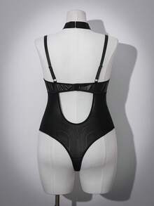 AltCore Lace Patchwork PU Leather Plus Size Fashion Pioneer Sexy Lingerie With Underwire 2pcs Set[Plus Size Bodysuit + Choker] - Black - View 2