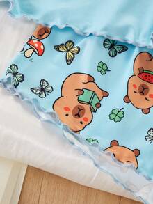 2pcs/Set Piyama Atasan Pendek Bahu Longgar & Celana Pendek Anak Perempuan, Motif Capybara Lucu, Kain Lembut & Nyaman, Gaya Rumahan yang Santai Namun Tetap Ceria - Mint Green - View 7