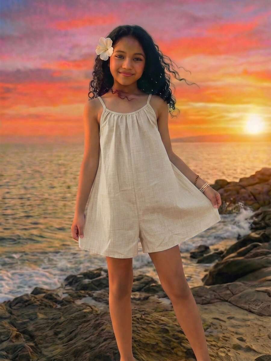 SHEIN 青少年女孩春夏休閒度假時尚街頭風仿丹寧梭織素色寬鬆無肩帶連身褲杏色 - 杏色 - 查看 1