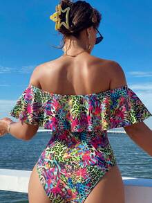 Swim Lushoire Spring/Summer Leopard Print Ruffle Off-Shoulder Side Ruched One-Piece Women's Swimsuit, Festival Boho - Multicolor - View 2