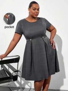 Chikora Plus Size Women's Brown Baggy Solid Color Round Neck Pleated Elegant Formal Commuter Autumn Casual Dress Suitable For Summer Spring Office Evening - Grey - View 4