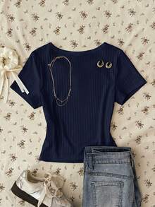 Teen Girl Summer New Snug Fit Versatile Navy Blue Ribbed Knit Round Neck Button Short Sleeve Top - Navy Blue - View 2