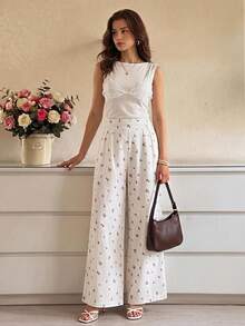 SHEIN Holidaya Jeans casuales anchos y sueltos con pliegues y estampado floral diminuto para mujer - Blanco - Ver 3