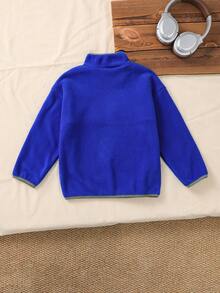 Genkimix Kids Little Boy's Light Green Textured Stand Collar Sweatshirt, Long Sleeve Half-Button Front, Playful Design - Navy Blue - View 2