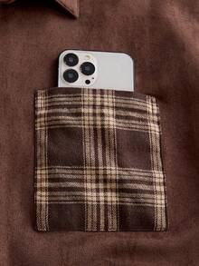 SWAVVY Kemeja Lengan Pendek Pria Bahan Suede Patchwork Kotak-kotak Tenun Campuran dengan Pewarna Benang - Coklat - View 7