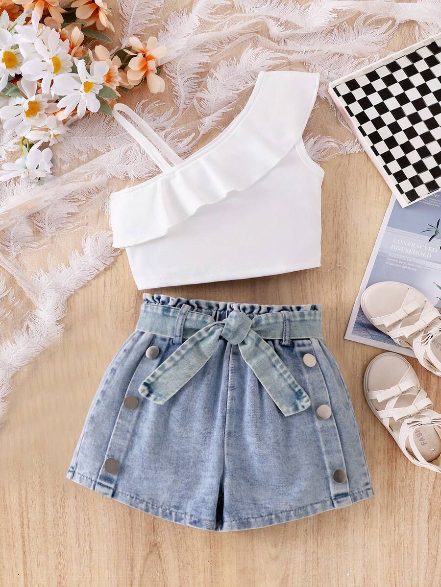SHEIN Elladie kids 2 件套少女活泼可爱不对称上衣 + 牛仔短裤休闲儿童套装 - 白色 - 查看 1