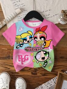 THE POWERPUFF GIRLS X SHEIN 少女休闲日常通勤可爱卡通拼接印花短袖T恤，夏季 - 白色 - 查看 3