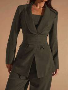 Glamine Completo da donna 3 pezzi verde oliva con collo a revers, casual da pendolare, business versatile per ufficio e uscite, vestibilità ampia, per la Festa degli Insegnanti, estivo - Verde - Visualizzare 3