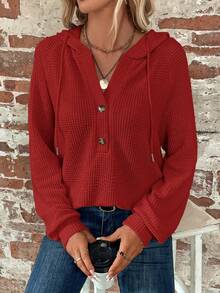 SHEIN Clasi Sudadera casual versátil de uso diario con capucha y cordón de unicolor para mujer talla grande - Rojo - Ver 3