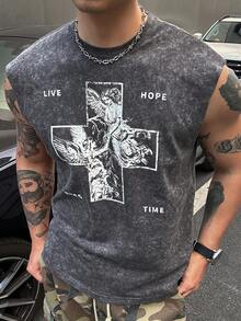 DAZY Men's Crew Neck Letter Angel Print Casual Versatile Daily Outing Short Sleeve T-Shirt Graphic Tee - Grey - View 8