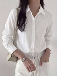 DAZY Women's Solid Color Single-Breasted Business Casual Long Sleeve Shirt - White - View 1