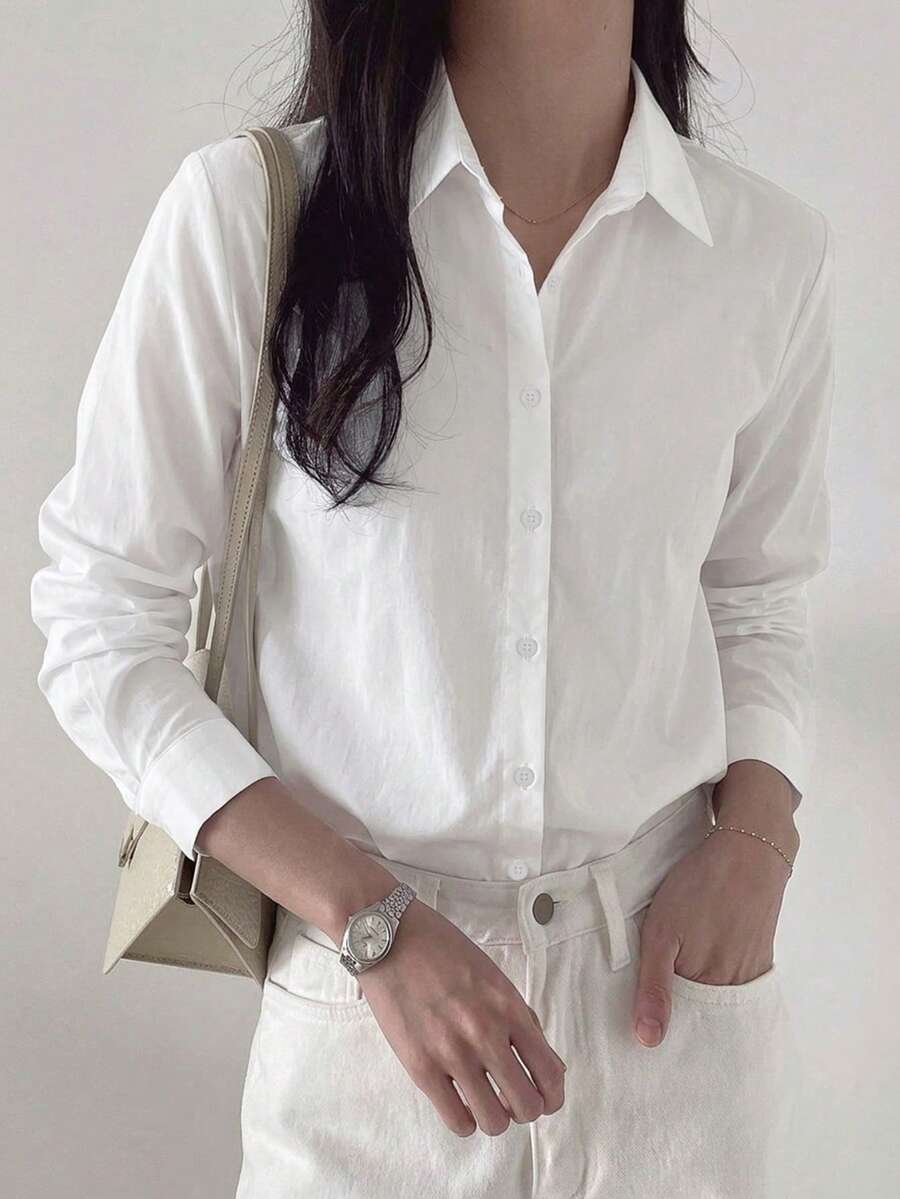 DAZY Women's Solid Color Single-Breasted Business Casual Long Sleeve Shirt - White - View 1