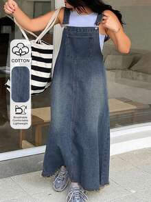 Dazy Plus Dark Wash Distressed Denim Pinafore Maxi A-Line Dress, All Season - Medium Wash - View 1