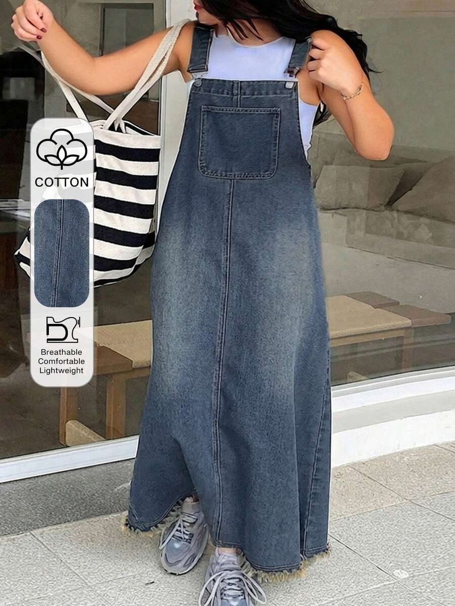 Dazy Plus Dark Wash Distressed Denim Pinafore Maxi A-Line Dress, All Season - Medium Wash - View 1