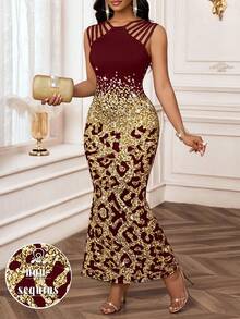 SHEIN Lady 2025 New Women's Elegant Leopard Print Fishtail Hem Burgundy Dress, Summer,Cheetah Print - Burgundy - View 1