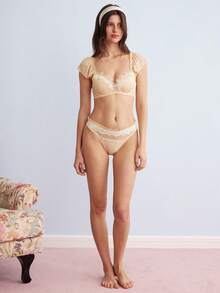Elorette 女款素色對比蕾絲時尚舒適內衣套裝 - 藕粉色 - 查看 3