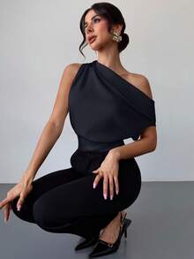 Firerie 女款優雅不對稱肩上衣，適合情人節與夏季，春夏優雅時尚新風格，通勤辦公日常度假音樂節不對稱肩褶皺杏色襯衫 - 藏蓝色 - 查看 8