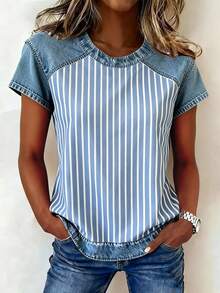 EMERY ROSE Women's Striped Patchwork Round Neck Short Sleeve Casual Versatile T-Shirt - Multicolor - View 4