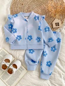 SHEIN Playful Pals 女嬰長袖圓領荷葉邊飾簡約休閒印花外套與長褲套裝 - 藍色 - 查看 1