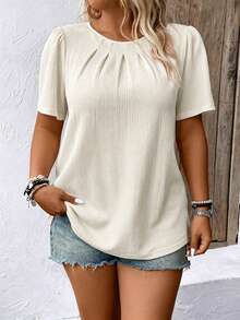 Momelise Blusa casual de mujer de talla grande lisa y sencilla de manga corta y cuello redondo para uso diario - Albaricoque - Ver 3