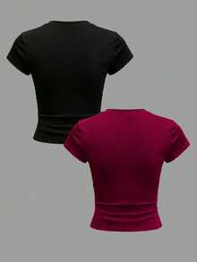 INAWLY Solva Women's Casual Deep V-Neck Solid Color Short Sleeve Slim Fit T-Shirt - Multicolor - View 2
