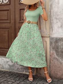SHEIN Holidaya 女士夏季纯色印花拼接休闲连衣裙 - 綠色 - 查看 7