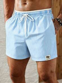 Palasendo Men's Striped Drawstring Waist Beach Shorts For Vacation - Baby Blue - View 5