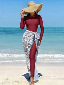 Swim Mulvari Summer New Three Pieces Swimsuit Long Sleeve Trousers Wrap Skirt Moderate Burkini Arabic Clothing Beach Vacation Red All White Modest Tropical - Burgundy - View 1