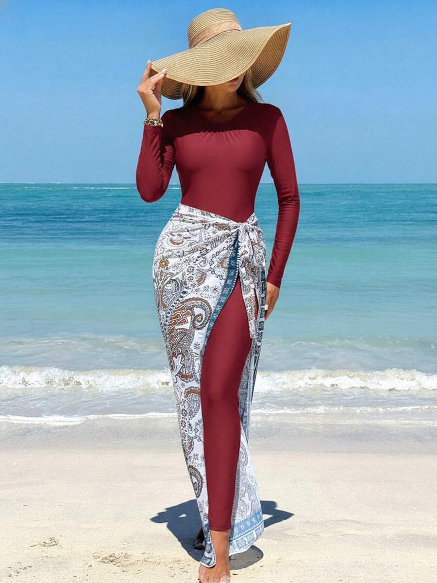 Swim Mulvari Summer New Three Pieces Swimsuit Long Sleeve Trousers Wrap Skirt Moderate Burkini Arabic Clothing Beach Vacation Red All White Modest Tropical - Burgundy - View 1