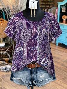 Linhara Plus Size Women's Vacation Style Cashew Flower Ruffle Sleeve Shirt, Summer - Violet Purple - View 3