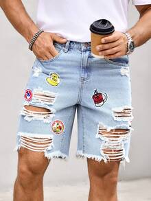 Manfinity LEGND Shorts de mezclilla casuales diarios para hombres con bolsillo, botón, diseño desgastado y patrón de dibujos animados, para vacaciones - Lavado ligero - Ver 1