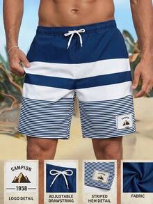 SHEIN Teen Boys' Blue Striped Beach Swimming Trunks - Comfortable, Fashionable, Versatile, Soft, Suitable For Daily, Sports, And Beach Vacation - Blue and White - View 4