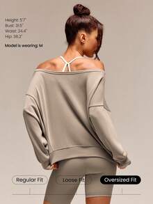 GLOWMODE Modal Soft Oversized Off-Shoulder Sweatshirt Daily Casual  Spring Summer - Khaki - View 2