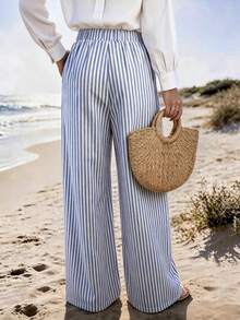 Vaclyn Women's Casual Vacation Style Striped Wide Leg Loose Long Pants - Blue - View 2