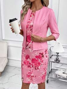 SHEIN Clasi Conjunto de 2 piezas para mujer con vestido ajustado de estampado floral elegante y cárdigan de punto de manga media en color rosa, adecuado para citas, ir al trabajo y uso diario - Rosa Fucsia - Ver 6