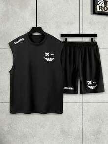 Lornexis Men's Smiling Face & Letter Printed Tank Top And Shorts Set, Holiday - Black - View 2