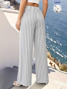 SHEIN Women's Elegant Vacation Striped Long Pants - Black and White - View 2