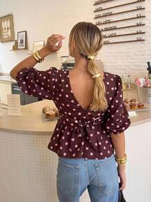 SHEIN Frenchy Women's Back Lace-Up Open Back Puff Sleeve Brown And Pink Polka Dot Blouse Summer Vintage French Elegant Vacation - Brown - View 8