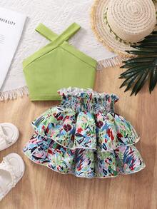 SHEIN Genkimix Kids 女童度假休閒掛脖無袖修身純色背心上衣與彈性腰花卉荷葉邊分層蛋糕裙套裝，夏季 - 綠色 - 查看 3