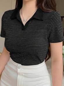 Dazy Plus Camiseta ajustada de manga corta con cuello redondo y bloques de color a rayas, primavera/verano - Negro - Ver 4