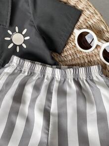 SHEIN Playful Pals Set Baju Bayi Laki-laki: Kardigan Lengan Pendek dengan Saku Tempel dan Celana Pendek - Grey - View 6