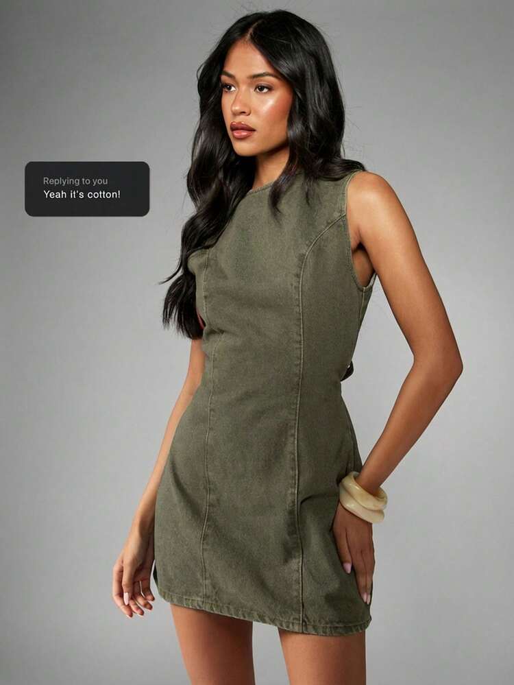 MISSGUIDED Sleeveless Denim Mini Dress With Slashed Neckline And Tie Back Waist Detail For Casual Summer Fashion
