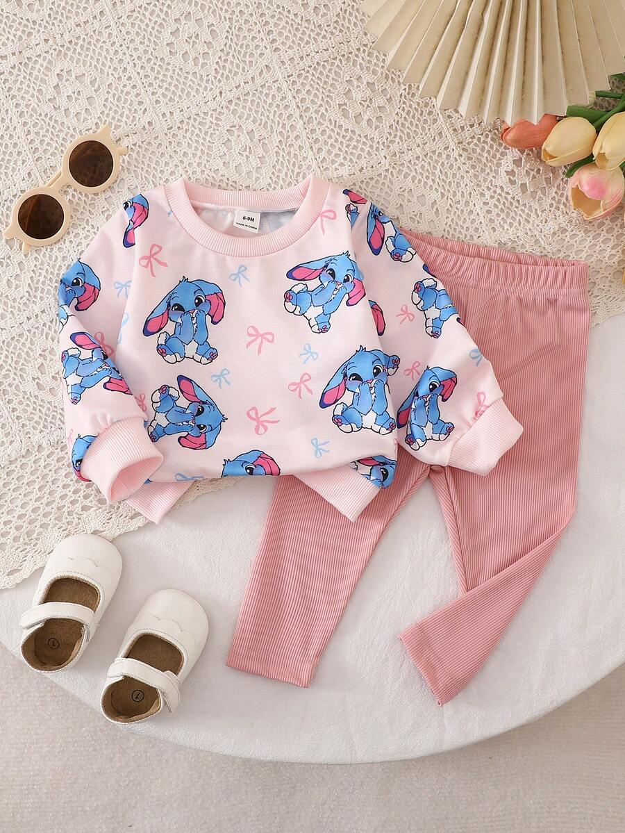 SHEIN Playful Pals 嬰幼兒休閒日常可愛運動衫套裝,附3D鉤花粉色花卉印花透明俏皮上衣與針織內搭褲,女嬰秋季款 - 粉色 - 查看 1